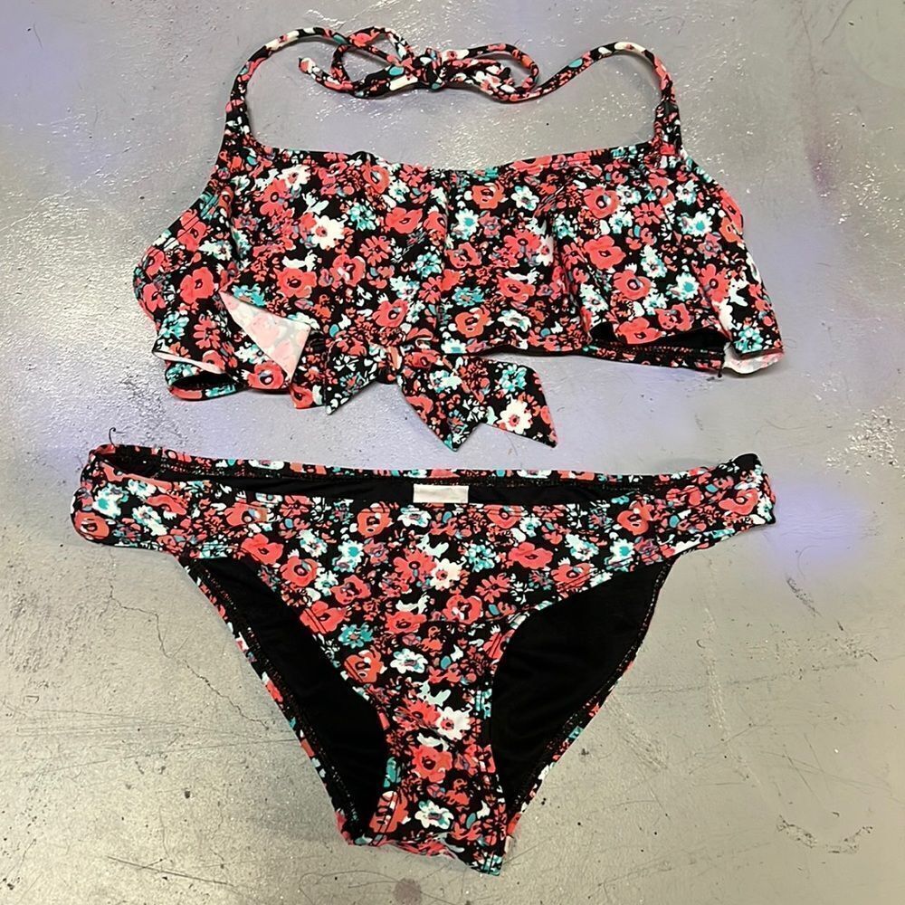 Small Black + Pink Bandeau Losan Floral Flounce Bikini